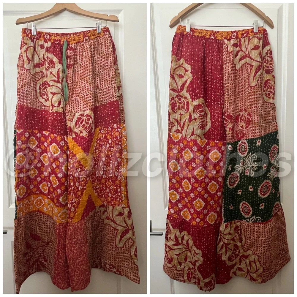 She's 1 Oak She's one of a kind Kantha Quilted Boho Wide Leg Flare Pants - Picture 1 of 4